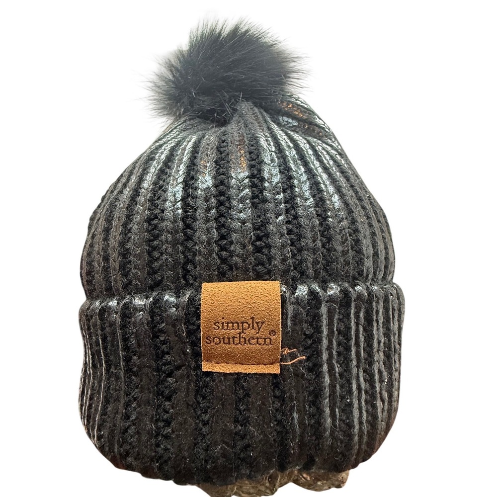 Simply Southern Black Sequin Pom Pom Beanie Winter Hat Women Preppy Fun - Picture 2 of 5
